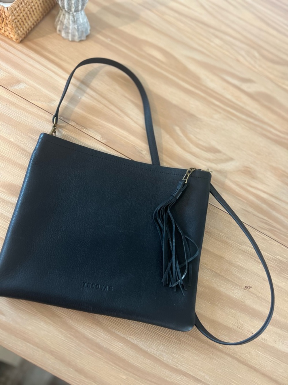 Tecovas Black Leather Crossbody Bag with Tassel
